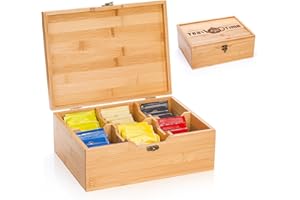 Lyellfe Tea Organizer Box, Bamboo Tea Bag Holder with Lid, Multi-purpose 6-Compartment Coffee Condiment Holder Storage Caddy 