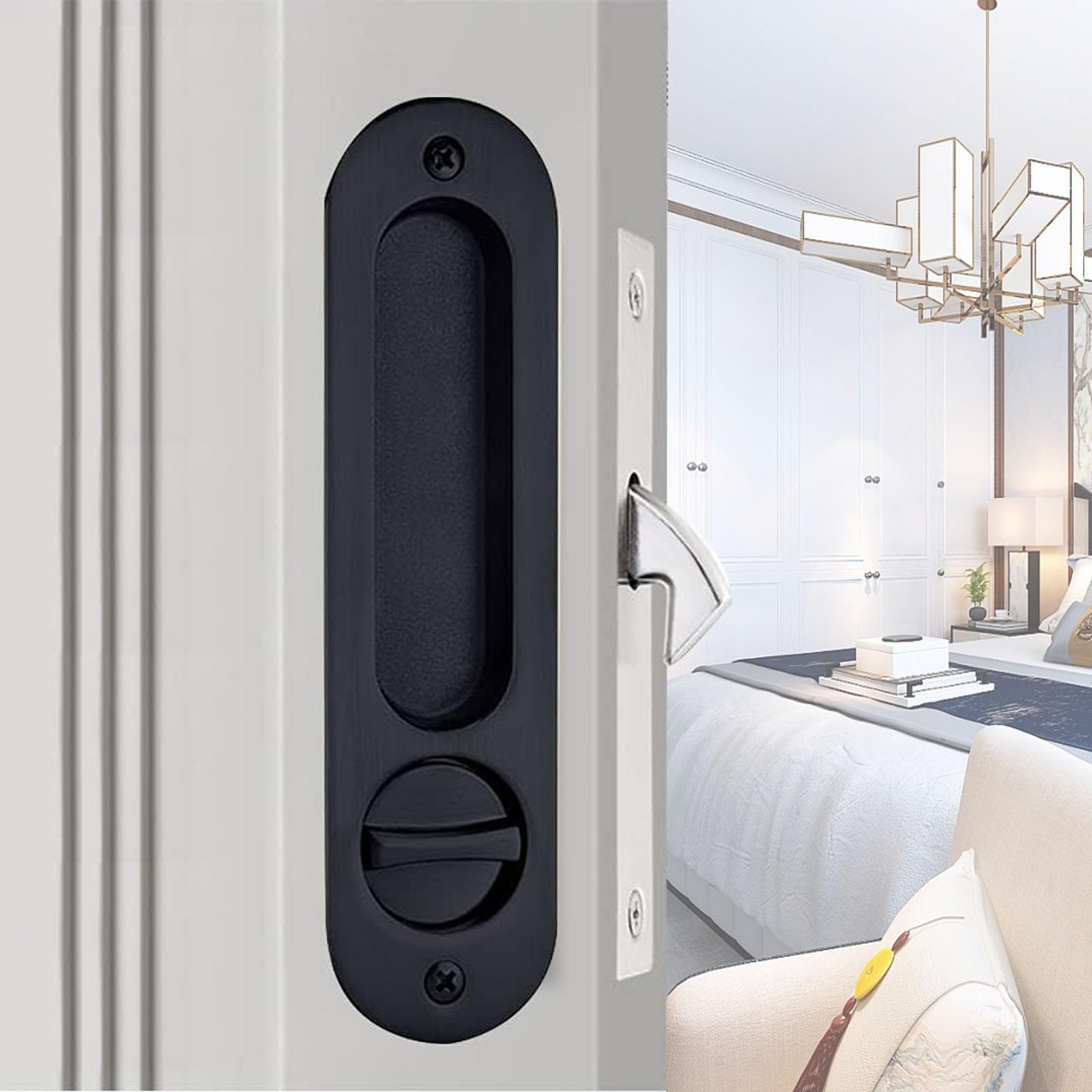 betensh 173mm Pocket Door Lock Pocket Door Handle with Key Sliding Door Lock Keyed Recessed Pocket Handle with Mortise Hook for Wooden Door, Brushed Black