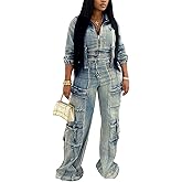 Voghtic Denim Set For Women 2 Piece Outfits Long Sleeve Zipper Jean Jacket Cargo Pants Matching Sets
