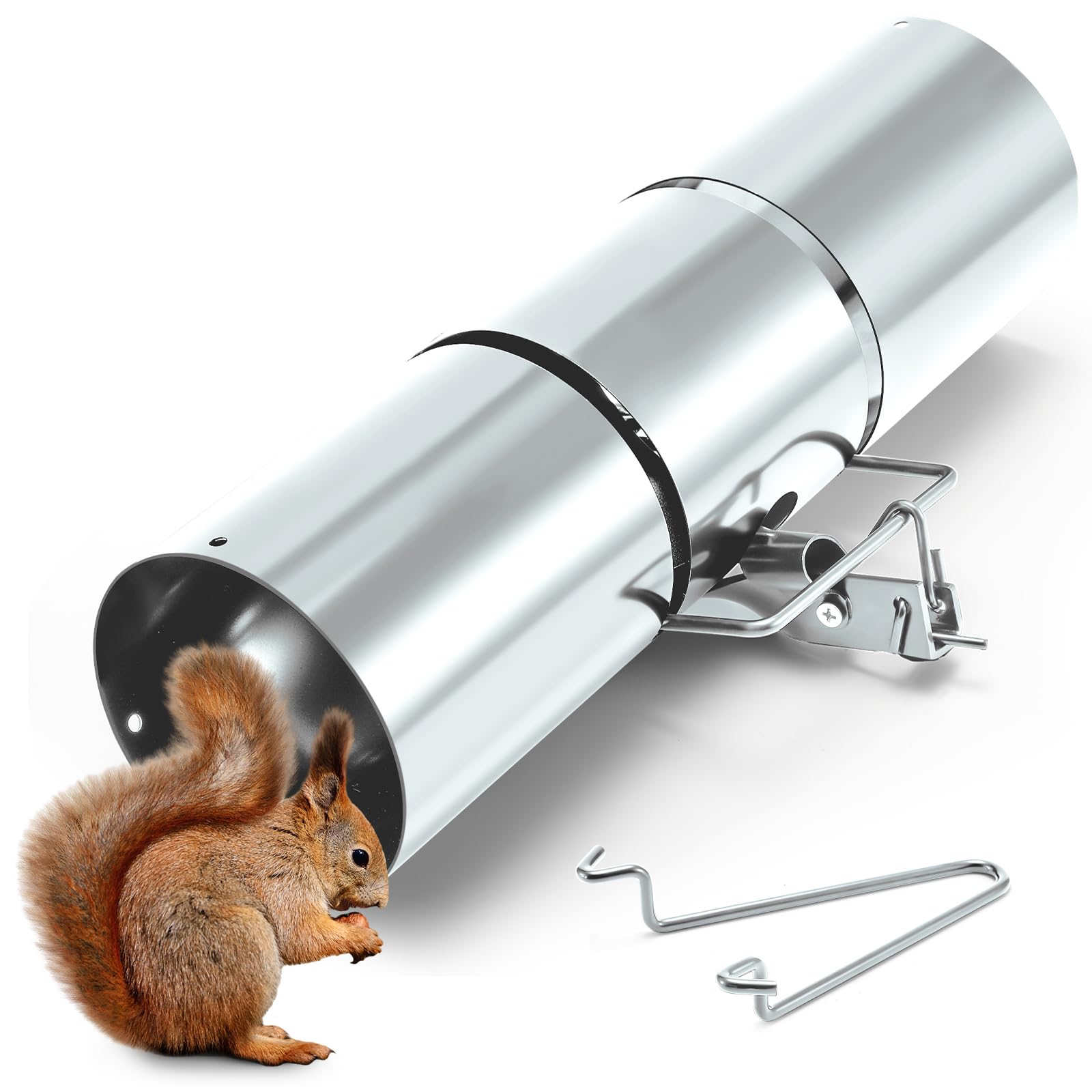 Photo 1 of Qualirey Stainless Steel Tube Squirrel Trap Rust Resistant Trap 4.5'' in Diameter with a Setting Tong for Backyards Patios Gardens, Safe and Effective Pest Control Commercial and Residential Use 15''