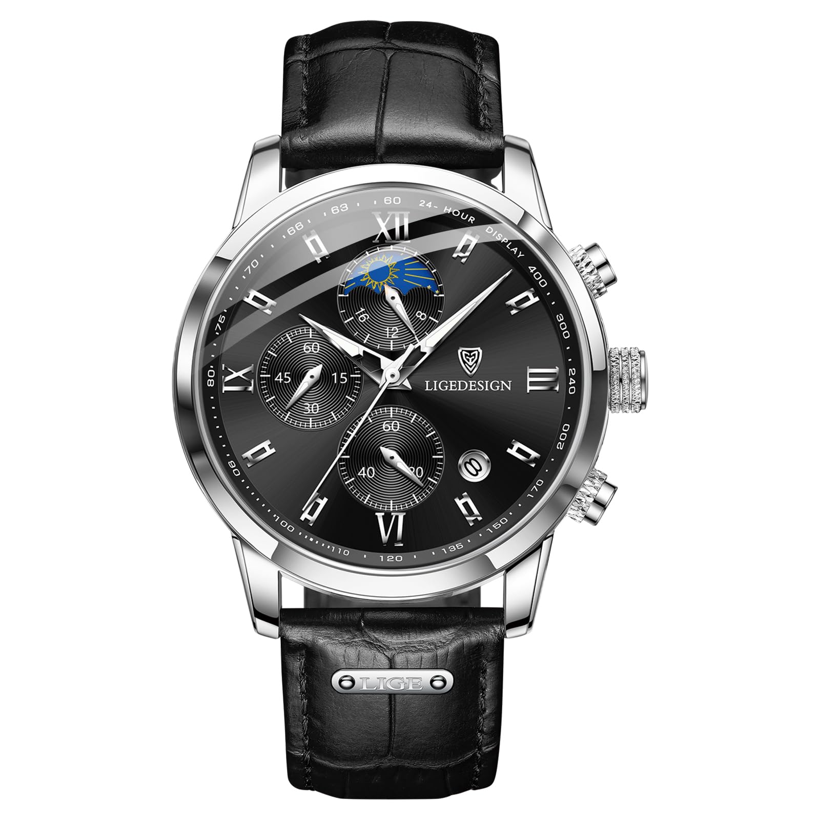 LIGE Men Watches | Waterproof Wrist Analogue Gents Chronograph Vintage Mens Watch Retro 30M Waterproof Leather Luminous Analog Quartz with Date & Moon Phase Display Men's Gift,Black