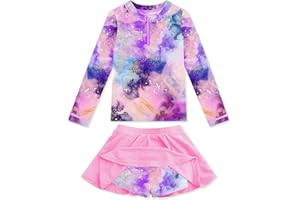 METEORITO Girls Rash Guard Set Two Pieces Printed Zipper Swimsuit Skirt with Shorts 3-12T
