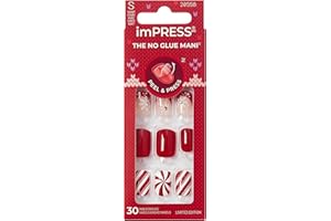 KISS imPRESS Holiday Press On Nails, ‘Santa Baby’, Red, Short Squoval, Improved Super Hold Adhesive, 30 Fake Nails, Prep Pad, Mini Nail File, & Manicure Stick