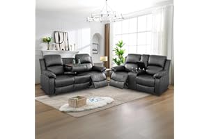 Toseslo Living Room Furniture Sets, Manual Reclining Sofa and Lovseat Set with Drop-Down Table, Leather Recliner Couch Sets, Recliner Sofa with Storage Console/Cup Holder for Home/Apartment(Black)