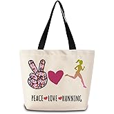 ZhuVantrix Peace Love Running Tote Bag Reusable Grocery Bags Aesthetic Shopping Shoulder Handbag with Interior Zipper Pocket Stylish Running-themed Present for Runners Marathon Lovers Women