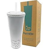 Bumbler 24oz Large Reusable Portable Eco-Friendly Tumbler | Drinking Cup with Wide Soft Tip Straw, Aesthetic Leak-Proof Lid – for Boba Tea, Smoothies, Iced Coffee, Hot or Cold Drinks – White