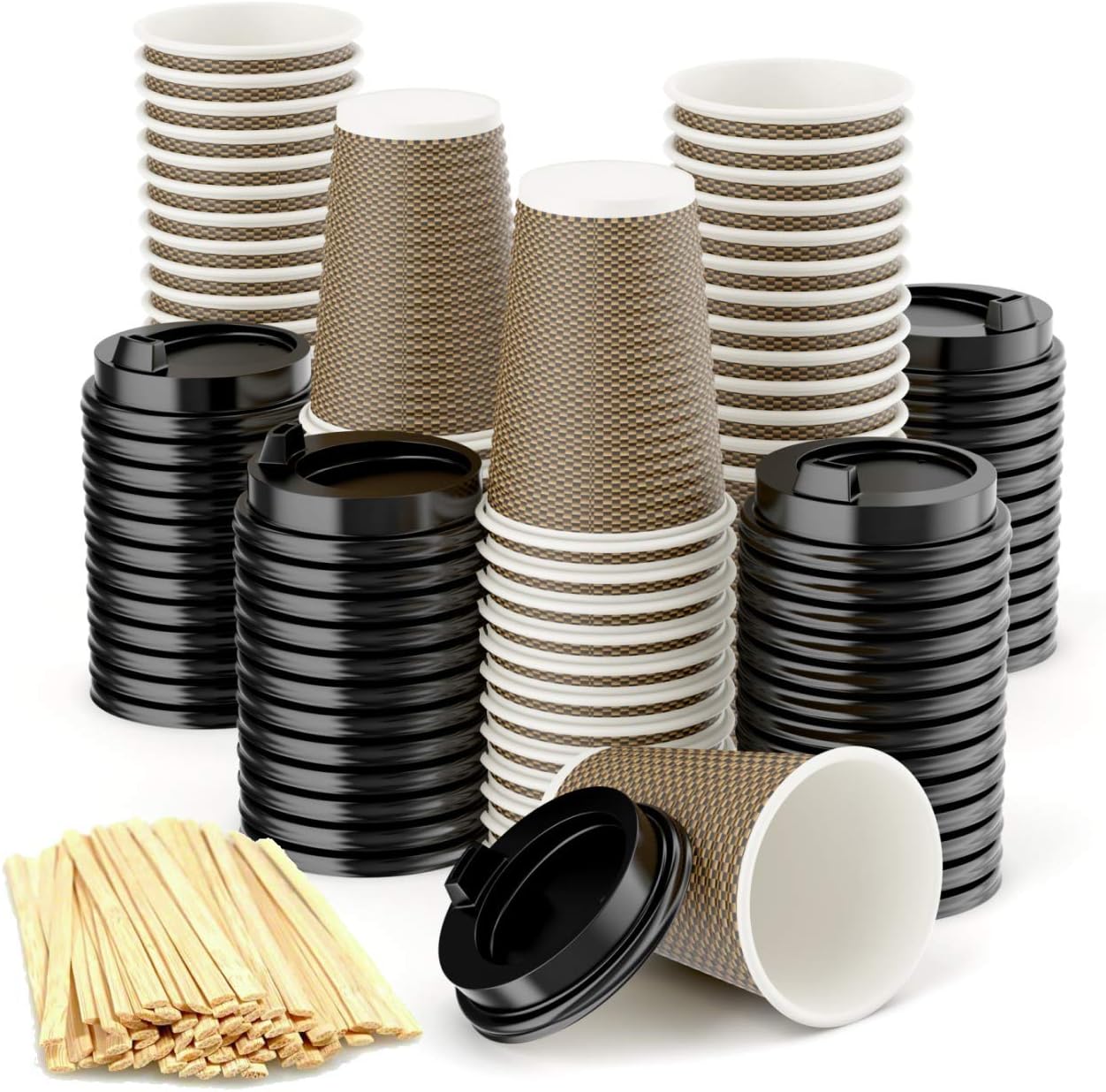Disposable Coffee Cups with Lids and Stirrers 12 oz by PeaceLoveGlobe 50pk Paper Coffee Cups