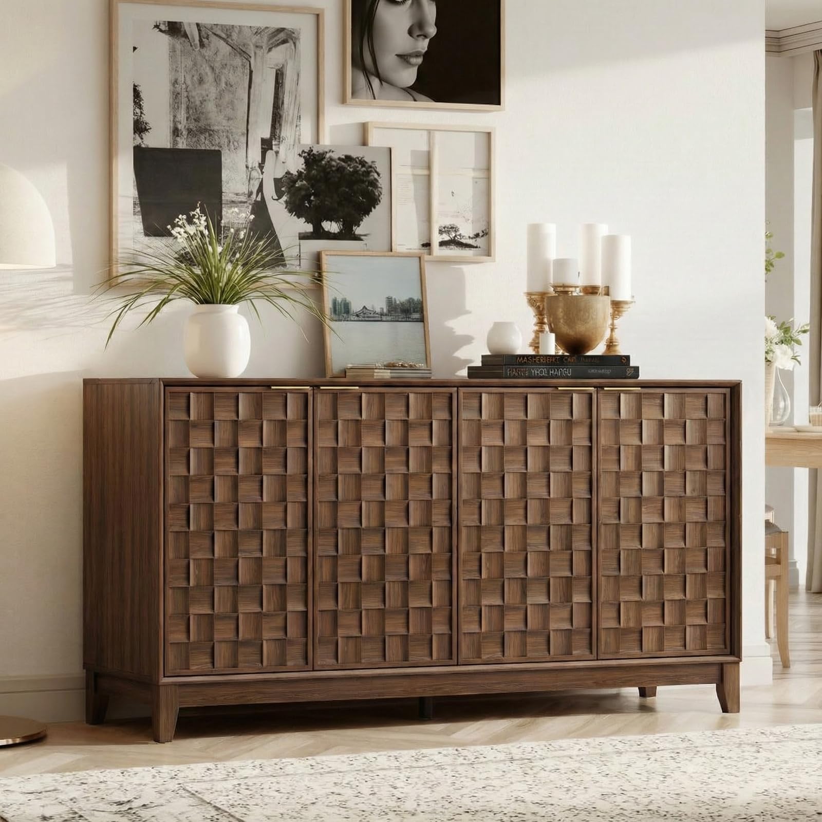 Photo 1 of ***Missing parts**COLAMY 60" Sideboard Buffet Cabinet with Storage, Modern 4-Door Buffet Table with 3D Checkerboard Doors & Solid Wood Legs, Large Coffee Bar Cabinet for Dining Room, Living Room, Entryway, Espresso