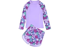 Kinberr Girls Swimsuit 2-Piece Rash Guard Bathing Suit with Long Sleeve Top & Shorts Size 7-12 Years