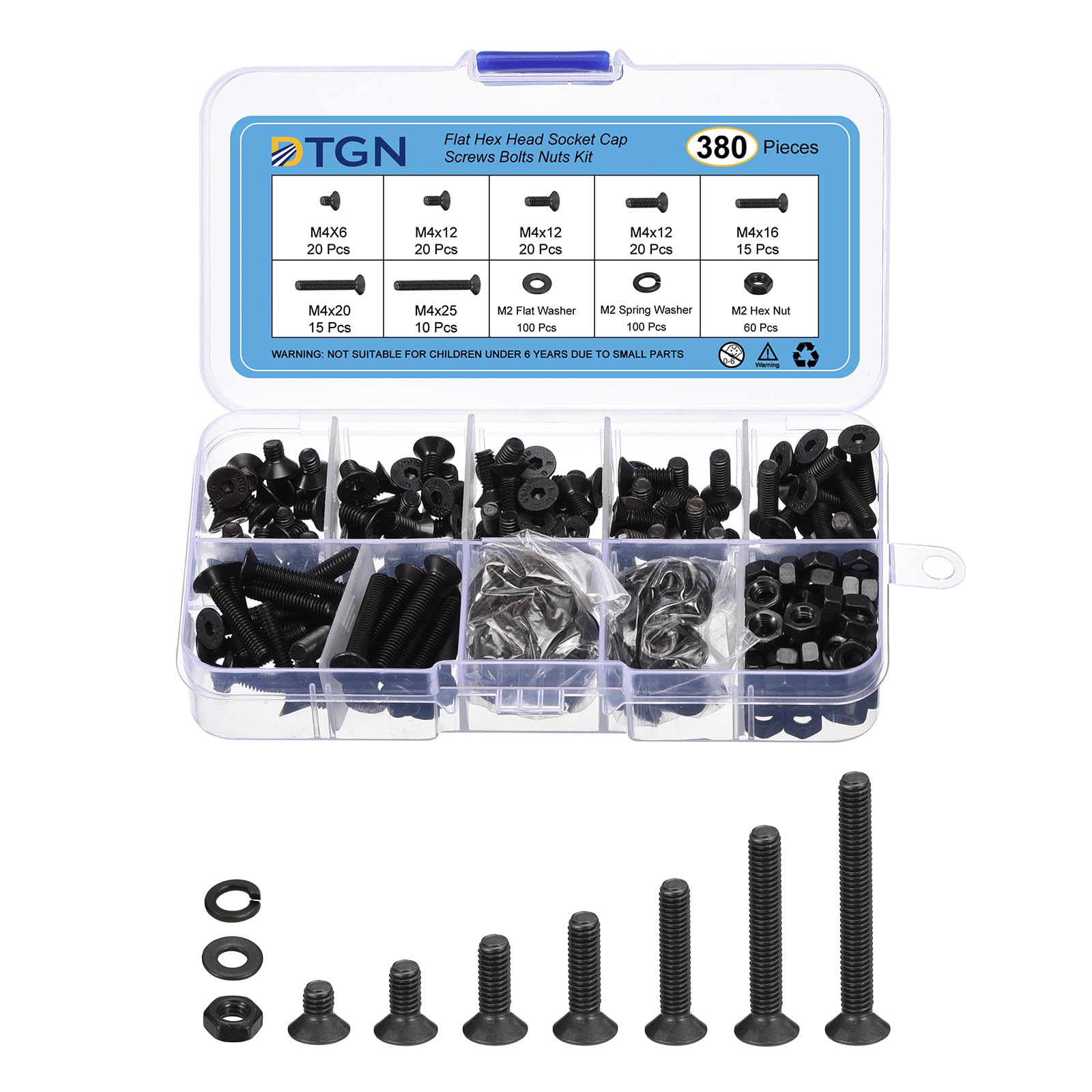 DTGN 380Pcs M4 x 6mm /8mm /10mm /12mm /16mm /20mm /25mm Flat Head Hex Socket Cap Screws Bolts Nuts Washers Kit, Carbon Steel Black Oxide, Full Thread, Countersunk Bolts