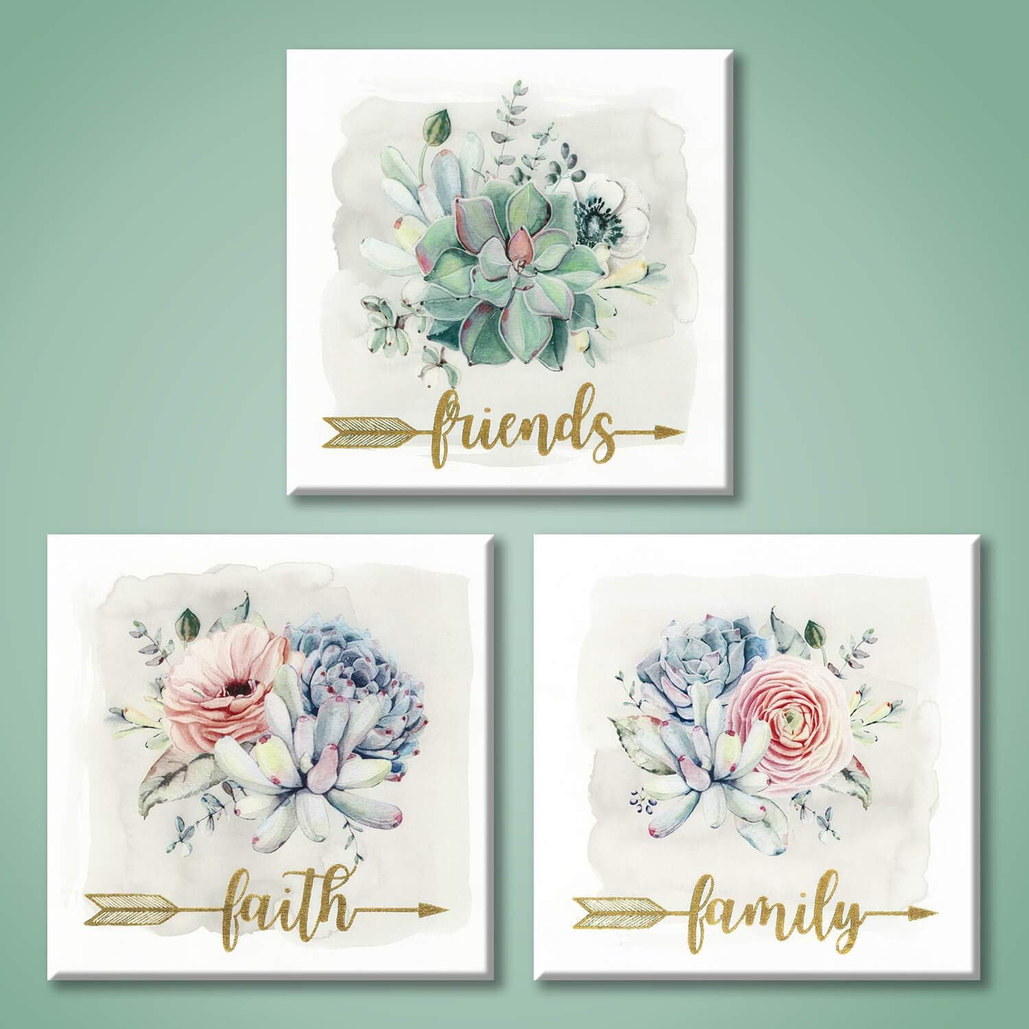 Floral Bouquet Plant Wall Art: Peony Flowers & Succulents Painting Print on Canvas for Office (12'' x 12'' x 3 Panels)