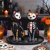 Newman House Studio Sugar-Skull-Cat Halloween-Decor - Day-of-Dead-Figurine | Halloween Cat Statue Floral Cats Couple-Decor Dia de Los Muertos Black Kitten Collectibles Set of 2, 6.3L x 4.0W x 10.2H inch