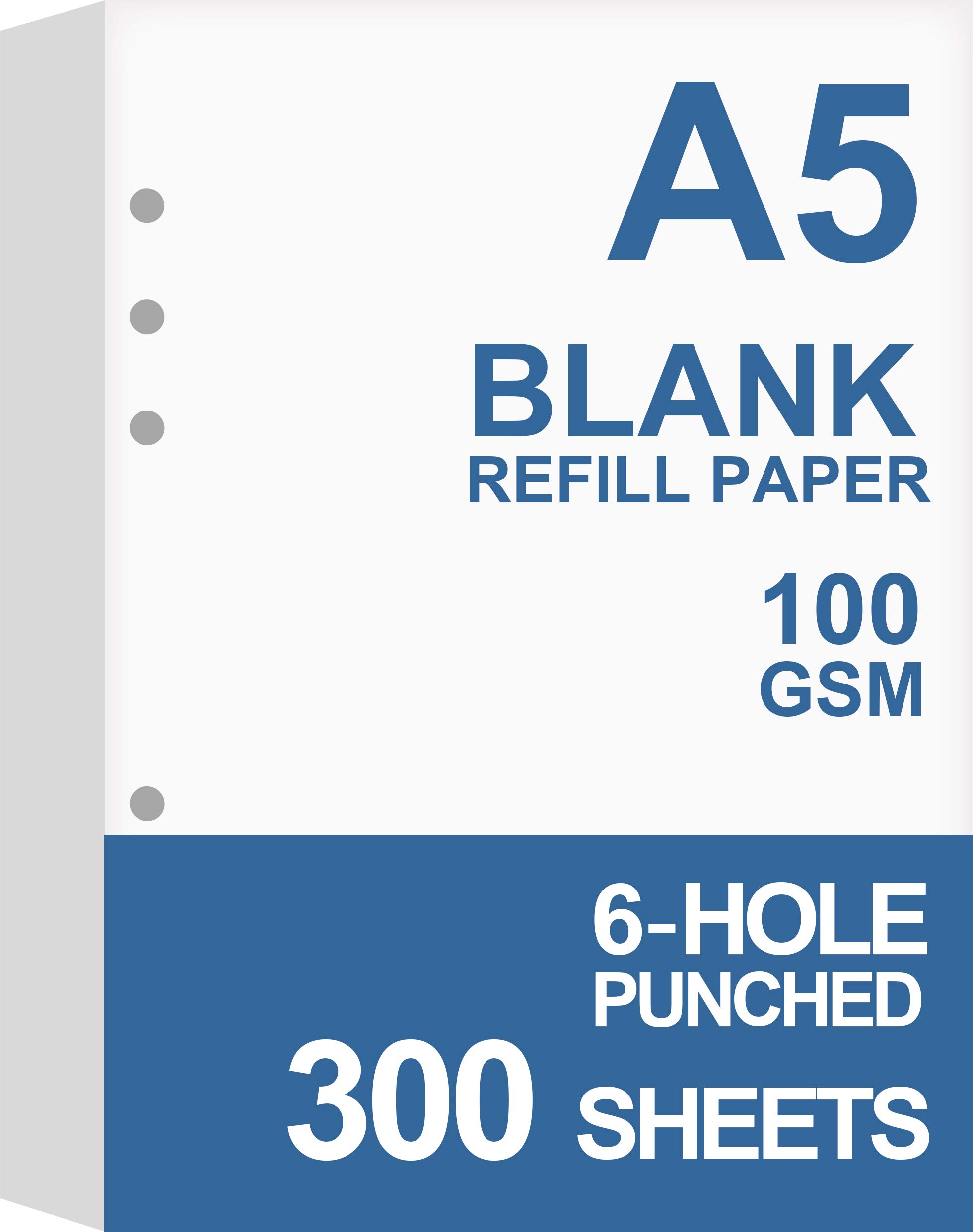 (3-Pack) A5 Blank Paper, Refills for Filofax Planner, Organizer, Binders, 6 Hole Punched, Total 300 Sheets/600 Pages, 100gsm, White, 148 x 210mm