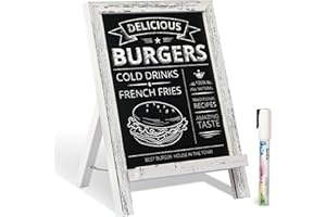 QUEENLINK Magnetic Chalkboard Sign with Stand, 9.5" x 14" Tabletop Wooden Framed Chalk Board, Small Desktop Menu Board for Kitchen Vintage Wedding Table Sign Memo Board (White)