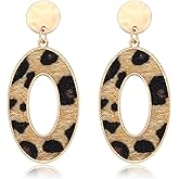 HEIDKRUEGER Leopard Drop Earrings Geometric Faux Leather Hoop Dangle Earring Statement Animal Print Stud Earring for Women
