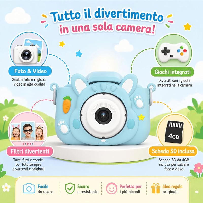 KidsCamera Bibi Le Lapin 2K – Appareil Photo pour Enfants 3 Ans avec Carte mémoire 4 Go Inclus, Photos, vidéos, Jeux et filtres – Premier Appareil Photo numérique Cadeau Anniversaire Fille