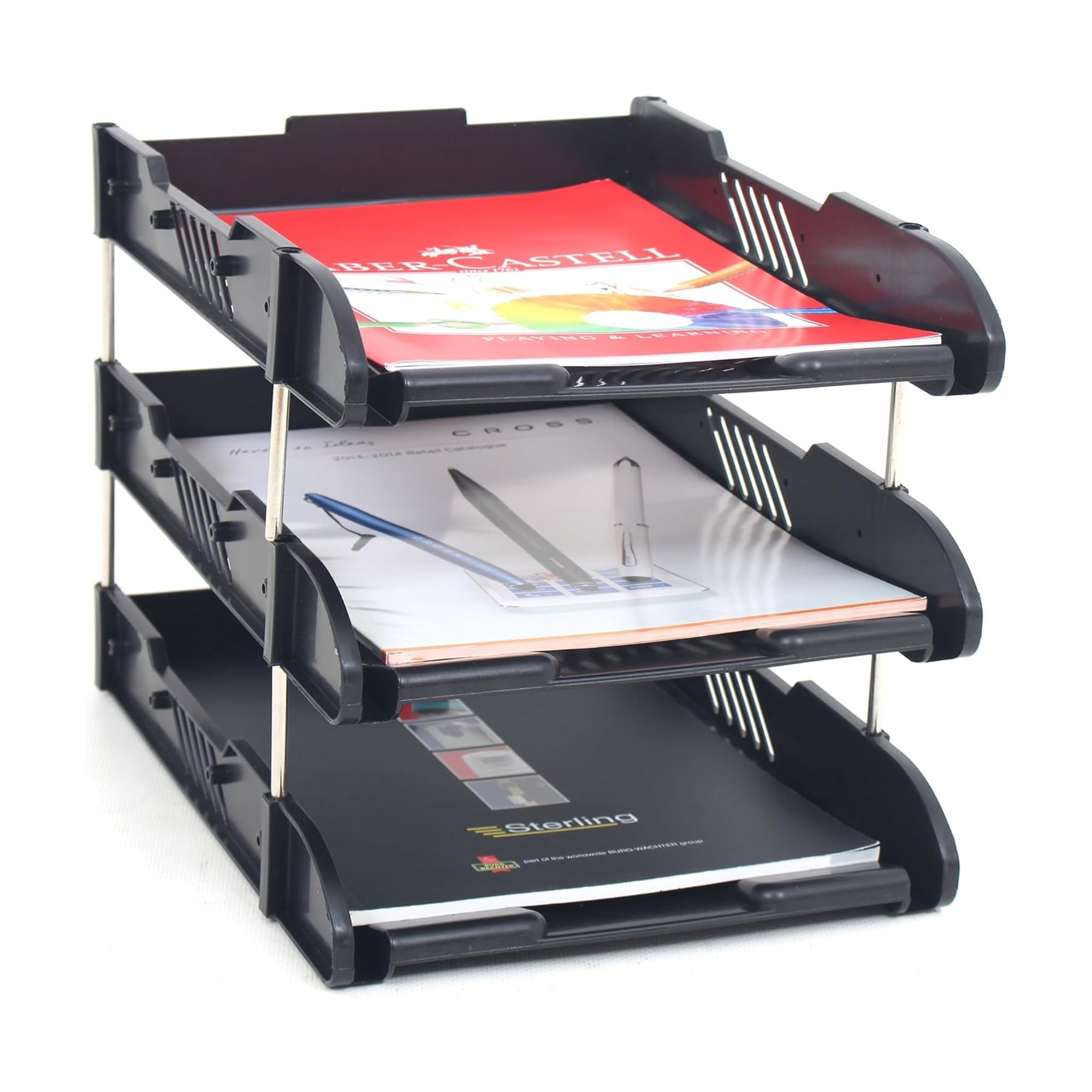 3-Tier Paper Tray - Stackable Desk Organiser Tray - Filing Trays for Letters, Paper, Documents, Magazines, Files - Detachable Frame, Stable Base, Easy Assembly - Desk Accessories - Black