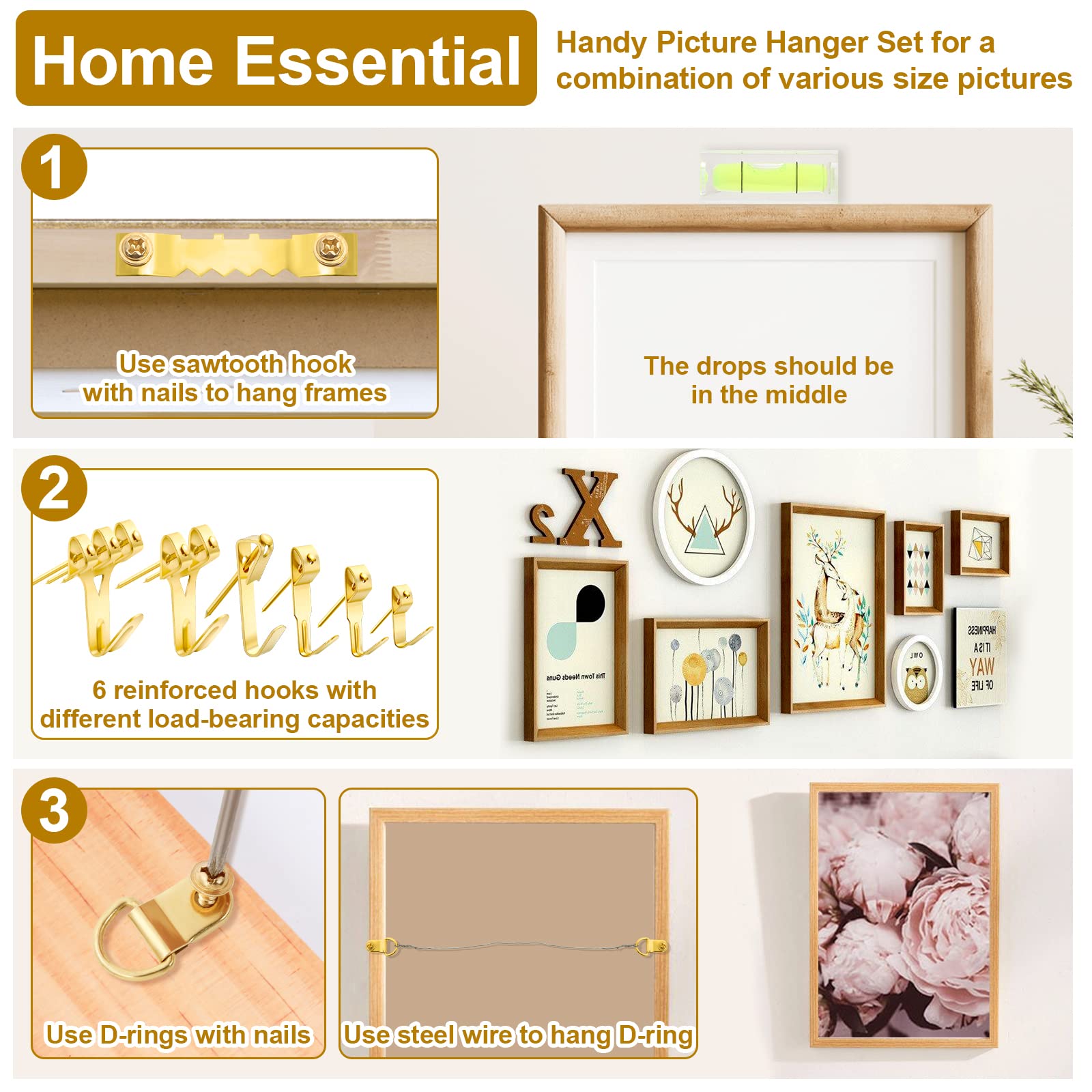 MAPVOLUT 372 PCS Picture Hanging Kit, Christmas Decorations Indoor Outside Picture Hangers, Heavy Duty Picture Frame Mirror Wall Hanging Hardware Hooks Kit with Nails Sawtooth for Hanging Picture