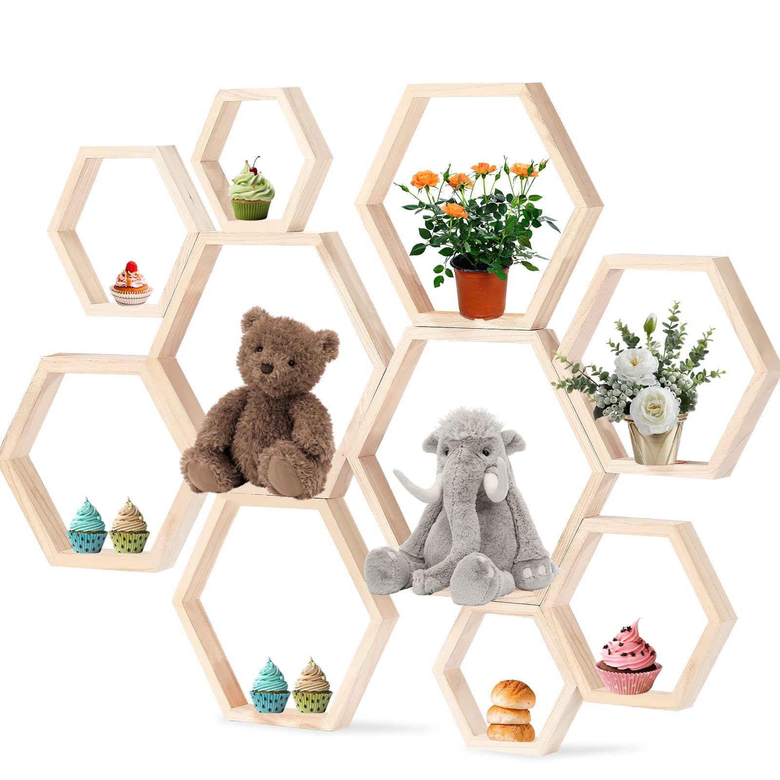 Photo 1 of CIEOVO 10 Pcs Honey Comb Decorations, 5 Sizes Farmhouse Wood Hexagon Shelves Honeycomb Centerpiece Cupcake Stand Bee Hive Display Holder for DIY Birthday Wedding Baby Shower Honeybee Party Decor