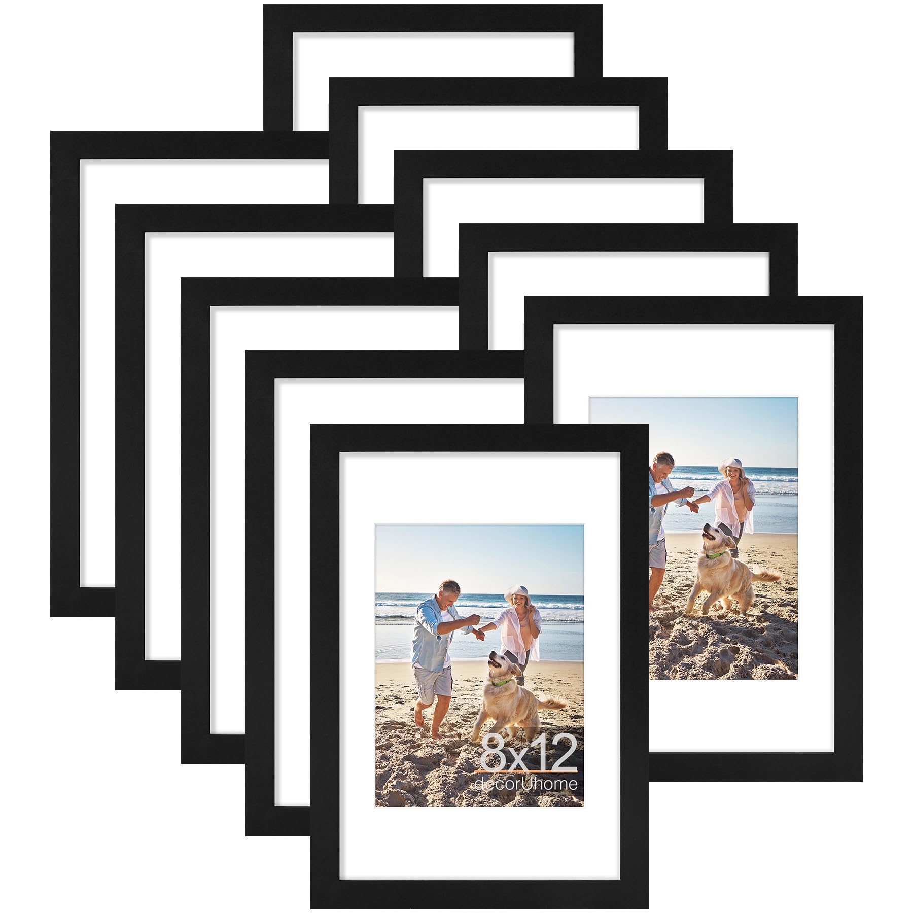 decorUhome 8x12 Picture Frame, Display Pictures 6x8 with Mat or 8x12 without Mat, Wall & Tabletop Display Photo Frame, Black, 10 Pack Image