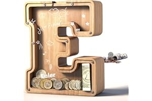 UBeesize Large Piggy Banks for Boys Girls，Twenty-Six English Alphabet,Wooden Personalized Bills and Coins Bank Money Bank,DIY Name Birthday Gift,Bedroom Living Room Decoration(E)