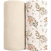 lulumoon Muslin Swaddle Blankets for Baby: Soft Cotton Newborn Receiving Blankets - Floral Print Nursery Gift Set for Baby Girls(White Flower)