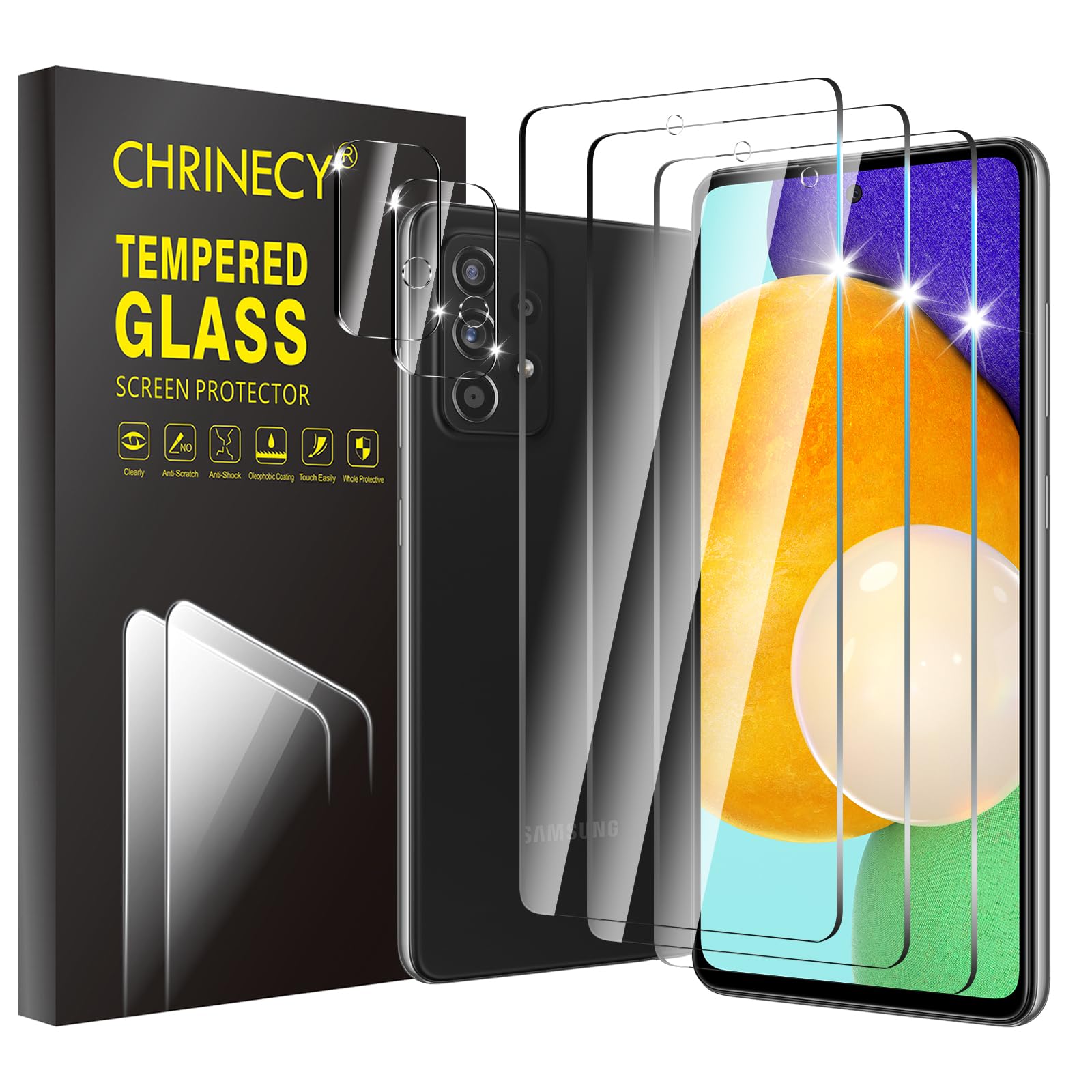 CHRINECY [3+2] 3 Pack Screen Protector for Samsung Galaxy A52 5G with 2 Pack Camera Lens Protector, 9H Hardness Tempered Glass, Anti-Scratch, Case Friendly, HD Clarity