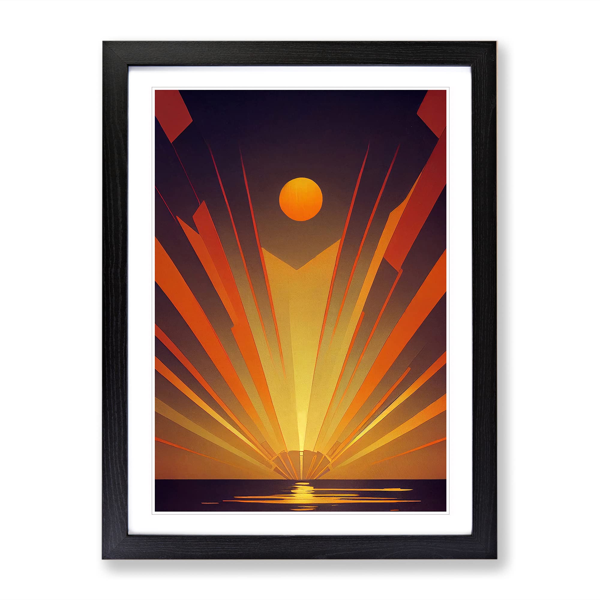 Art Deco Ocean Sunset No.5 Framed Print | A3 Black Framed Wall Art | Ready to Hang | Art Deco Nautical Picture | Living Room Bedroom Lounge Office