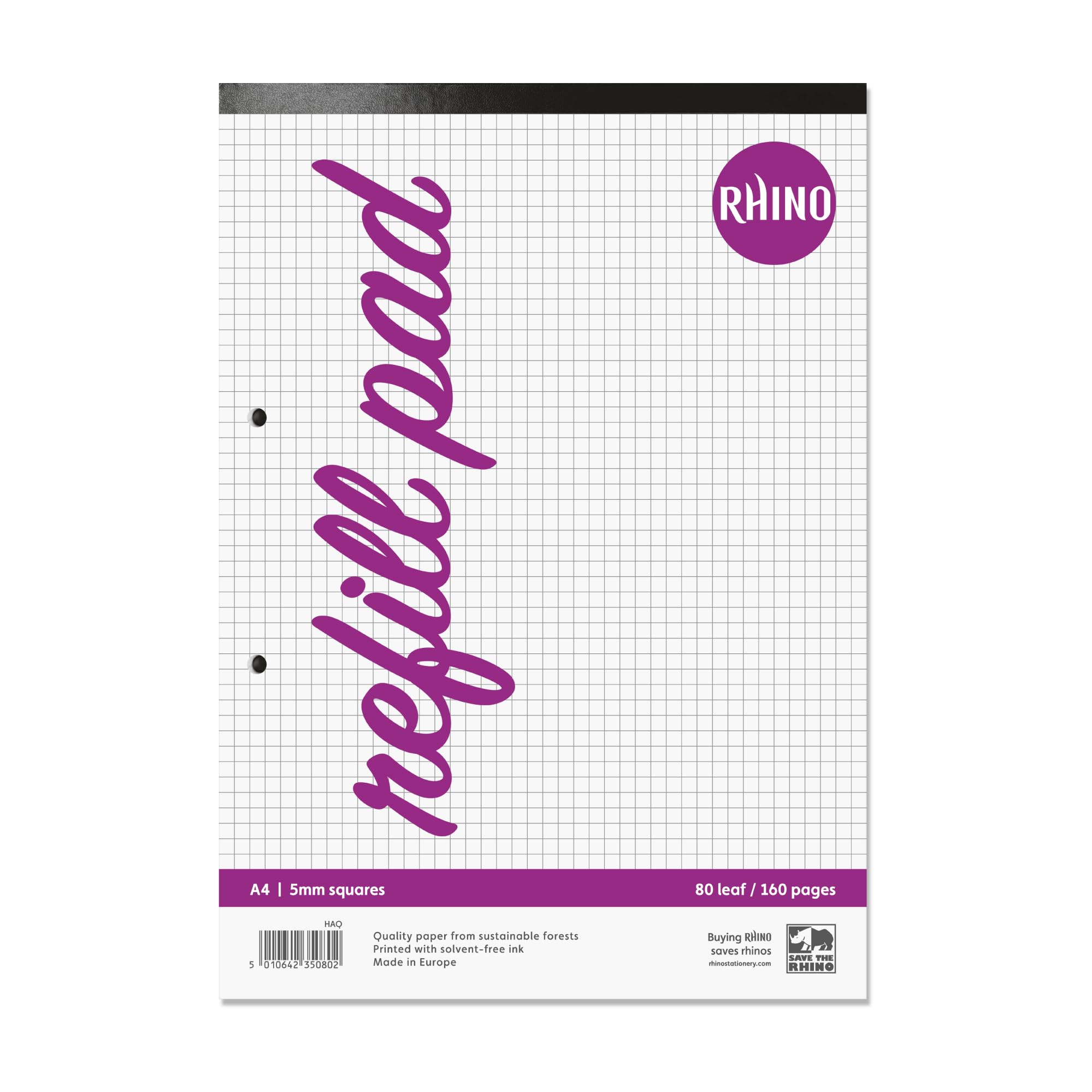 RHINO A4 Refill Pad, Writing Pad, 160 Page / 5mm Squared, 1 Pack, White Hole Punched Top Binding Writing Paper, Office & School Stationery Supplies