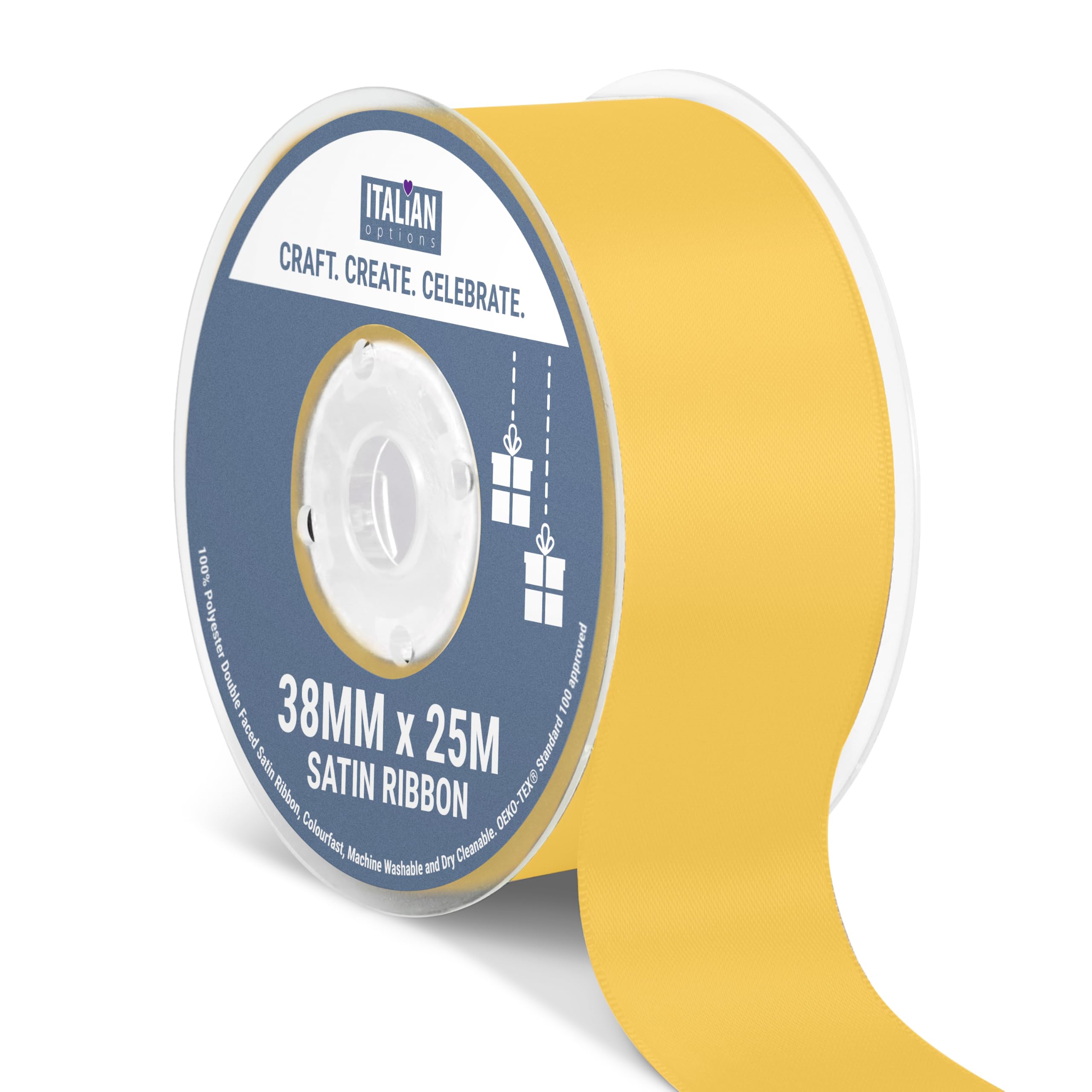 Italian Options Satin Ribbon, Fabric Ribbons for Gift Wrapping, Crafting, Balloons, Wedding Car, Presents, Cake, Christmas, Birthday, Gift Wrap Accessories, 38mm Wide x 25 Metre Roll, Gold