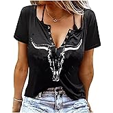 Retro Western Cowboy Shirt Women Country Music Cute Cattle Skull Graphic Concert Outfit Tops