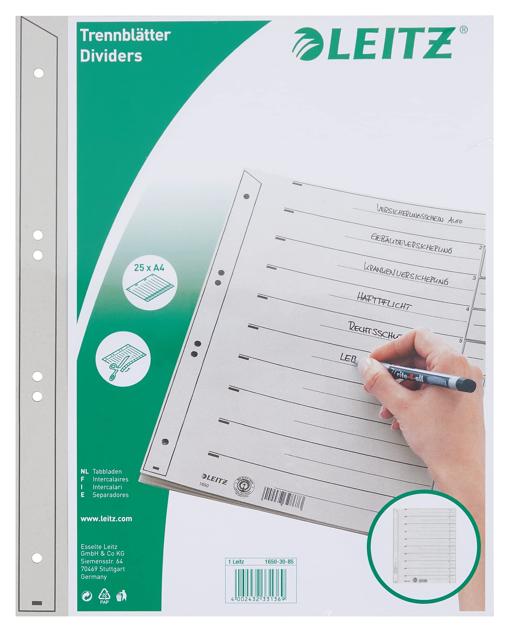 Leitz 1650-30-85, Separator Sheets, A4, 24 x 30 cm, 25 Sheets, Grey