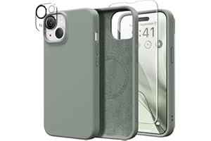 GONEZ Magnetic for iPhone 13 Case Silicone, Compatible with Magsafe, [2X Screen Protector + 2X Camera Lens Protector], Soft Slim Shockproof Protective Microfiber Lining Phone Case 6.1", Calke Green