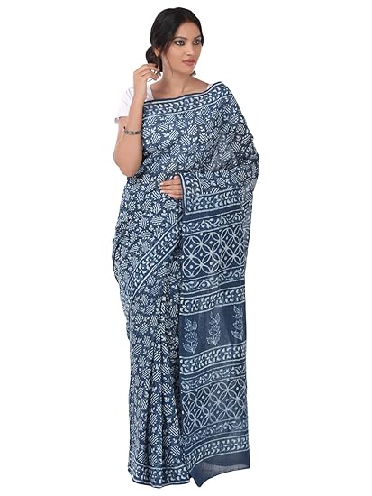 Finest Quality Cotton - Handmade Indigo Double Dabu print - Block Print Saree with Blouse Piece
