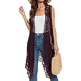 WESURE Sheer Cardigan Crochet Sleeveless Cover Up Mesh Patchwork Hippie Vest