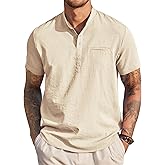 COOFANDY Henley Shirts for Men Summer Hawaiian Shirt Cotton Linen Short Sleeve Shirt Casual Banded Collar T-Shirt Fashion Mens Beach Shirts Beige