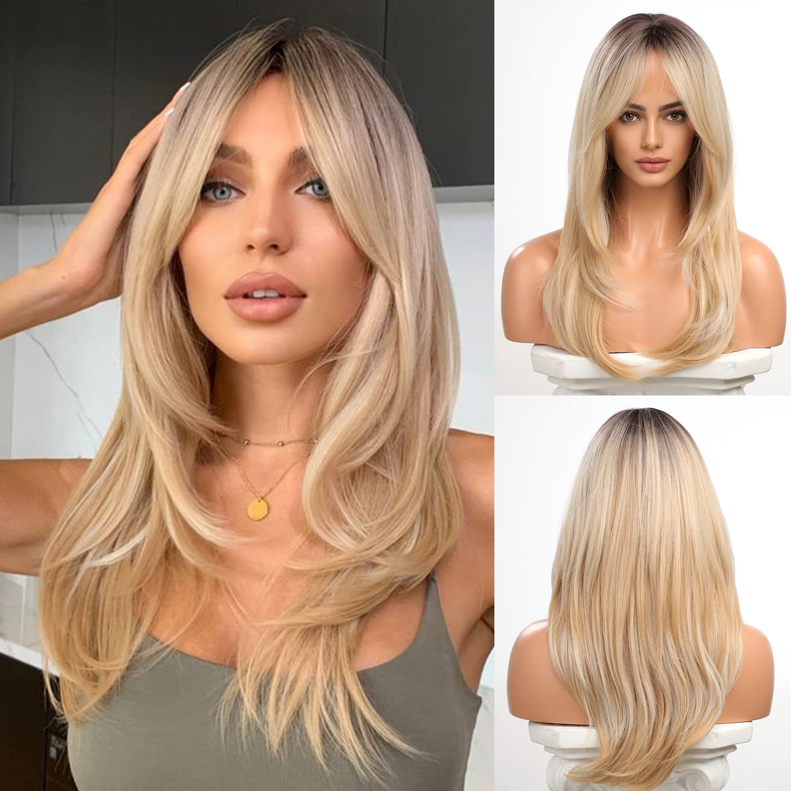 HAIRCUBE Curtain Bangs Nature Layered Wigs for Women Advanced Hierarchical Hairstyle Heat Resistant Synthetic Fiber(Dark Root Ombre Light blonde) — image 1