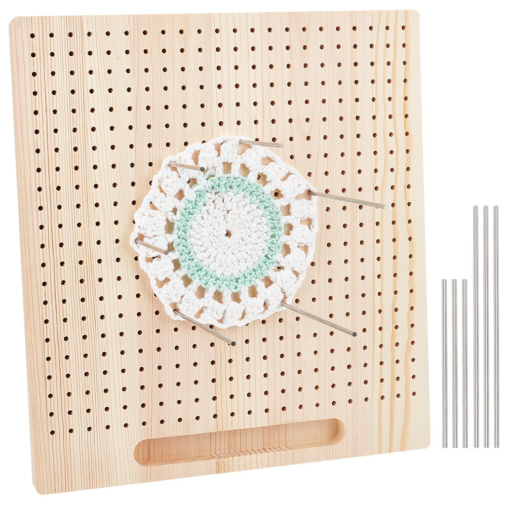 BENECREAT 33x30cm Crochet Blocking Board, Wooden Blocking Mat with 24pcs 3.9" & 6pcs 5.9" 304 Stainless Steel Rods for Handcrafted Knitting and Crocheting Sewing