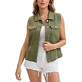 CIMUK Women's Denim Vest Button Down Jacket W Chest Flap Pockets Washed Distressed Sleeveless Jean Jacket