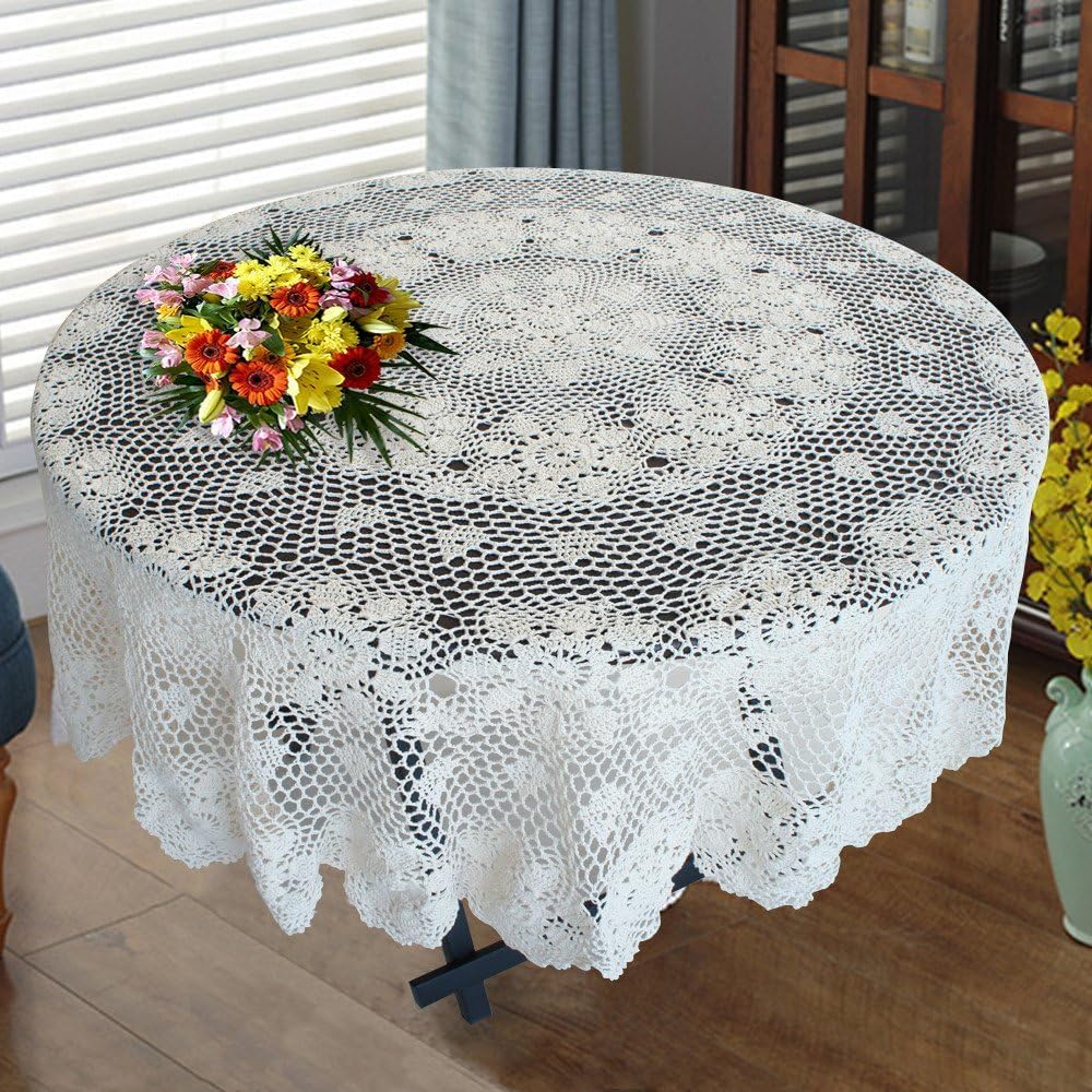 USTIDE White 120cm Round Cotton Crochet Lace Tablecloth, Floral Pattern, Romantic Dining Room Sofa Coffee Table Tea Table Cover