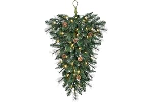 Fraser Hill Farm Prelit 36-in. Artificial Teardrop Door Hanging with Pine Branches and Pinecones, Battery Operated Fake Decoration with Realistic Foliage & Warm White LED Lights