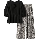 SHENHE Women's Plus Size 2 Piece Outfits Lantern Sleeve Peplum Blouse Babydoll Top Wide Leg Pants Set