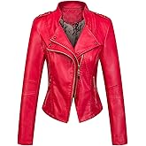 chouyatou Women's Candy Color Asymmetric Zip Slim Faux Leather Cropped Moto Jacket