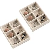 Frebeauty Small Jewelry Tray Set,Stackable Velvet Jewelry Organizer Tray,Mini Jewelry Drawer Organizer,Drawer Inserts,4.92 x 3.74 x 0.9 Inches,6 Grid Earring Organizer for Women(Set 2,Beige)