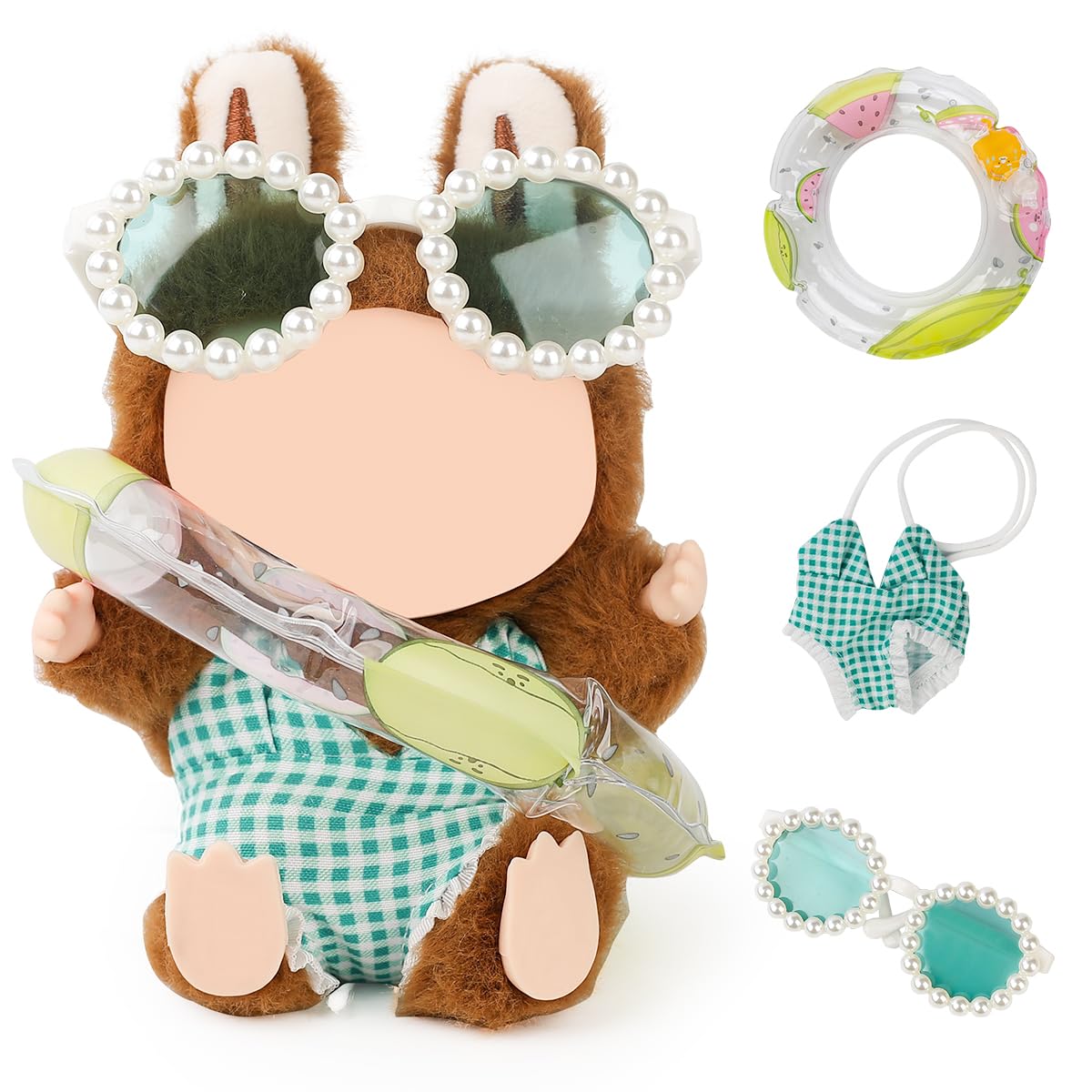 LEWOTE Clothes Set Compatible for Labubu Doll, Hat Suit Ornaments Accessories Set for 17cm/6.7inch Doll (Green Swimsuit/Swim Ring/Glasses)