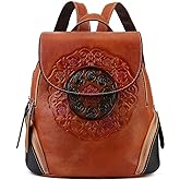 Zhuoliang Small Travel backpack purse for women Genuine Leather Anti Theft Backpack with USB Charging Port Fashion Vintage Embossed Totem Backpacks Brown