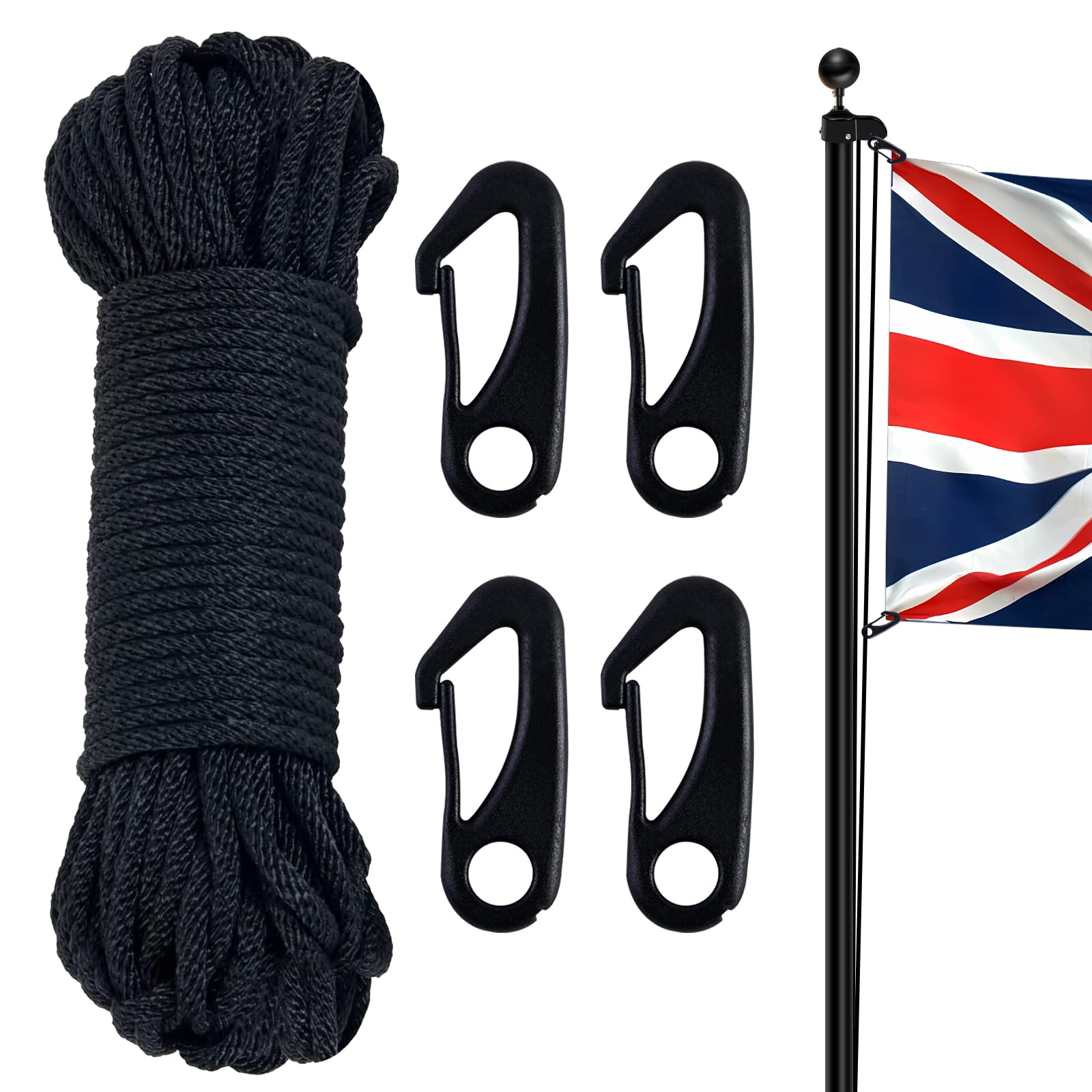NQ Flag Pole Rope with Flag Pole Clip, 50FT/ 15M Nylon Flag Rope with 4 Pcs Clip Hooks, Flag Halyard Kit, Nylon Cord for Outdoor, Camping, Swing, Clothesline, Garden(Black)