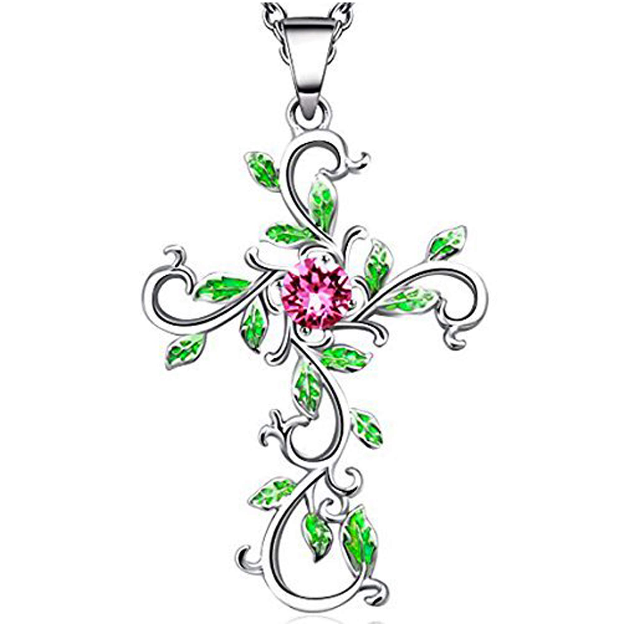 Angelady God We Trust Green Tree Women Cross Pendant Necklace Crucifix Chain for Women Girls Mother Moms Wife Girlfriend Gifts,Pink Crystal from Swarovski