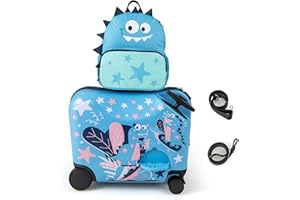 Goplus 2 PCS Kids Luggage, 18” Ride on Suitcase & 12” Backpack Set W/Anti-Lost Rope, Carry Strap, Wheels, Footrest, Toddler S