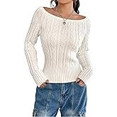 ZAFUL Women’s Boat Neck Cable Knit Sweater, Long Sleeve Off Shoulder Ribbed Slim Fit Pullover Tops Cute Fall Outfits 2025